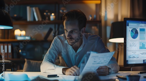 Businessman working late surrounded by financial reports