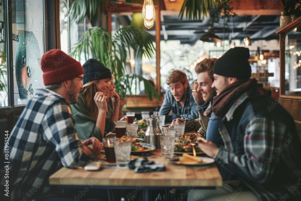 Group of friends having lunch in a pub. Young people sitting in a pub and drinking beer.