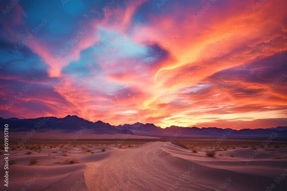 Desert landscape at twilight with long shadows and vibrant sky colors