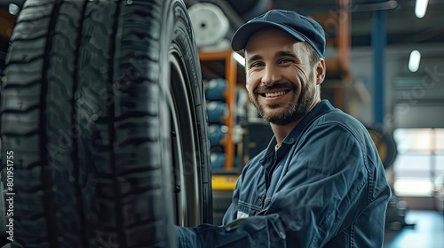 Portrait of professional mechanic and new car tires at auto repair shop, technician at auto repair service center