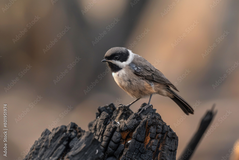 Naklejka premium A bird perched on a charred tree stump in a forest that has been burned, searching for food.