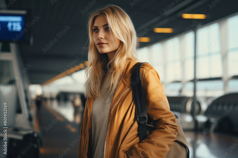 Young woman in the airport. Travel and transportation Young woman in the airport. Travel and transportation