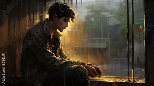 A contemplative individual sitting by a rainstreaked window looking out with a pensive expression symbolizing solitude and the mood of depression photo