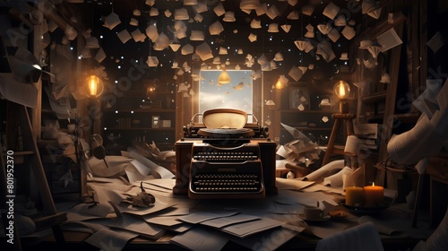 A writer at an old typewriter in a cozy attic room surrounded by books and papers lost in the process of creating a fictional world highlighting the creative power of imagination photo
