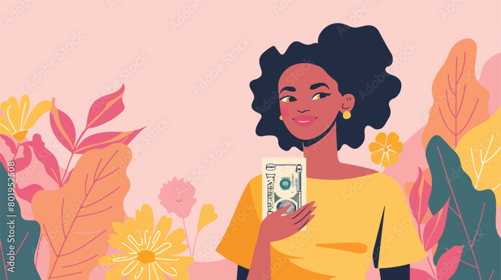 Woman with hryvnia banknote on pink background Vector