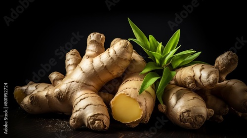 Detailed image of fresh ginger root, emphasizing its knobby texture and potent medicinal properties against a dark background photo
