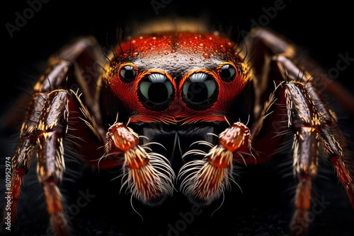 Detailed macro shot of a jumping spider s eyes, set against a pitch black background for dramatic effect © Pakorn
