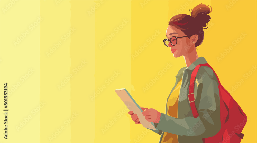 Happy young woman with big tablet computer on yellow