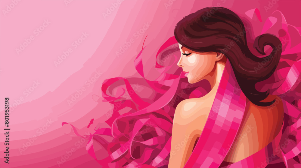 Woman with pink awareness ribbon on color background.