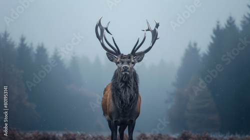 Portrait of a majestic stag in a foggy forest on a cold morning