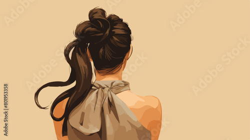 Woman with ponytail and silk scrunchy on beige background