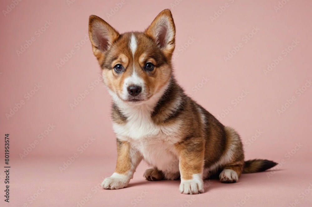 Norwegian Lundehund puppy looking at camera, copy space. Studio shot.