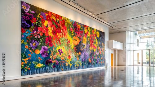 Large painting of colorful flowers on wall in room with white walls. Generative AI photo