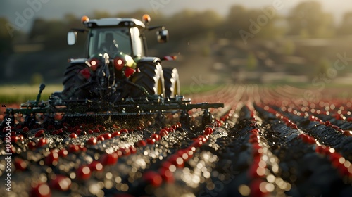 an automated seed planter in operation, capturing the machinery detail against a backdrop of freshly tilled soil