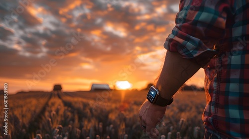 a farmer receiving real-time weather updates on a smartwatch, set against a dramatic sky and fields.