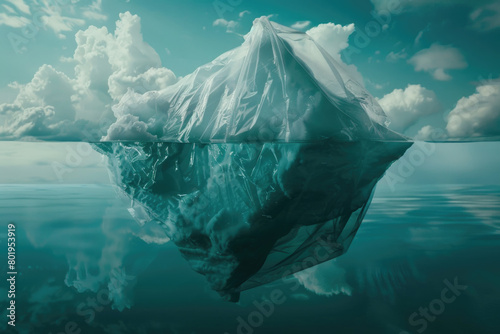 An environmental concept image depicting plastic waste floating on the sea surface, forming an iceberg-like structure.