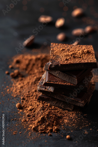Stacked Chocolates and Cocoa Powder on Dark Background
