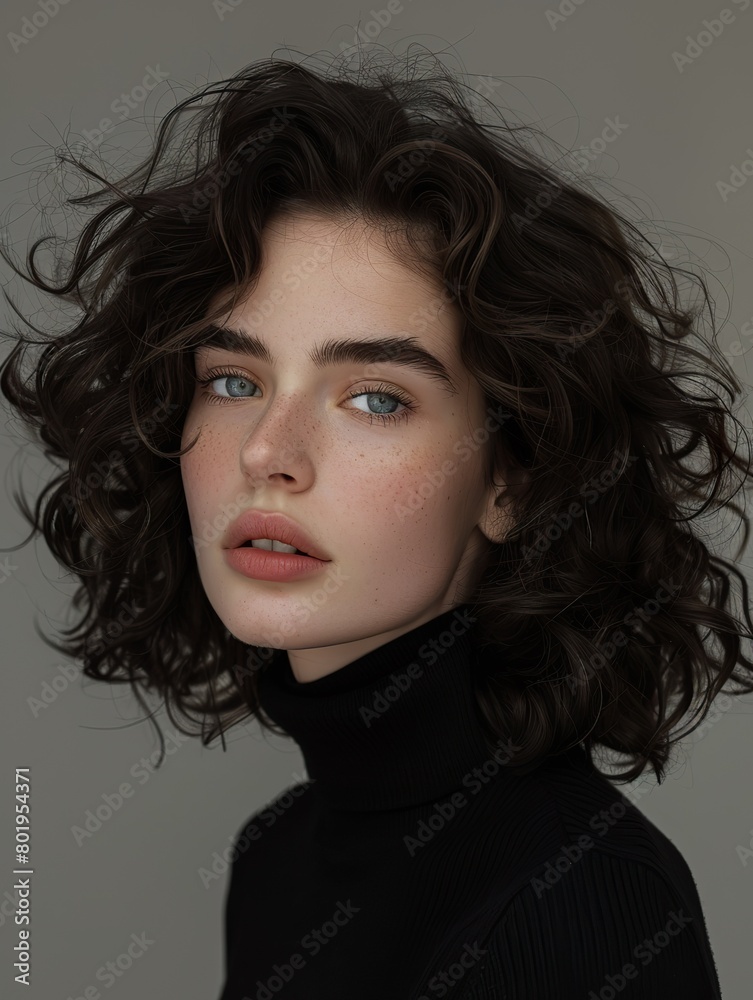 Naklejka premium Professional photograph of a pretty girl with grey eyes, black middle-length curly hair, slightly open mouth and pale skin with a rosy complexion. Dressed in a black turtleneck sweater