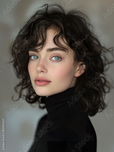 Professional photograph of a pretty girl with grey eyes, black middle-length curly hair, slightly open mouth and pale skin with a rosy complexion. Dressed in a black turtleneck sweater