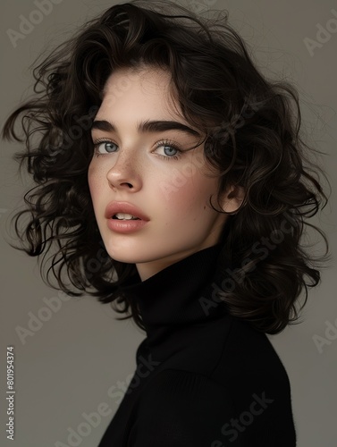 Professional photograph of a pretty girl with grey eyes, black middle-length curly hair, slightly open mouth and pale skin with a rosy complexion. Dressed in a black turtleneck sweater