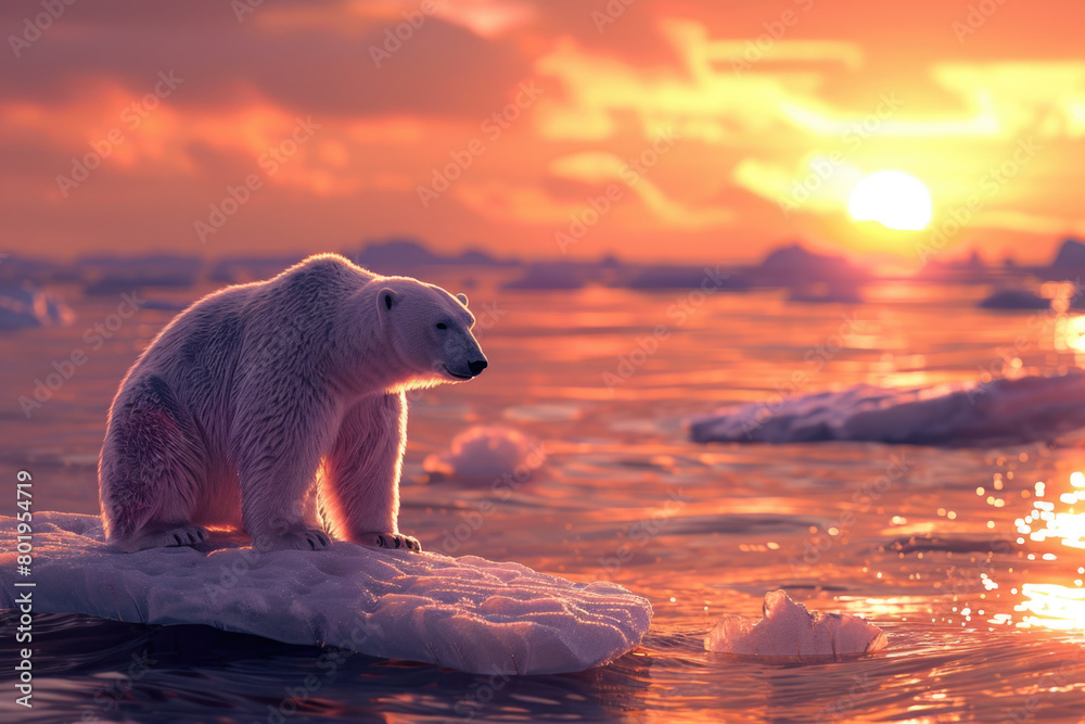 Under the setting sun, a solitary polar bear searches for food on the floating ice in the Arctic region.
Under the setting sun, a solitary polar bear searches for food on the floating ice in the Arctic region.