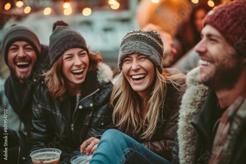 Group of friends having fun on a rooftop party. They are laughing and drinking beer.