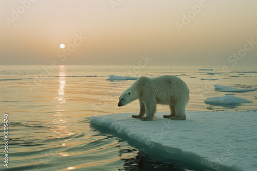 Under the setting sun  a solitary polar bear searches for food on the floating ice in the Arctic region.  