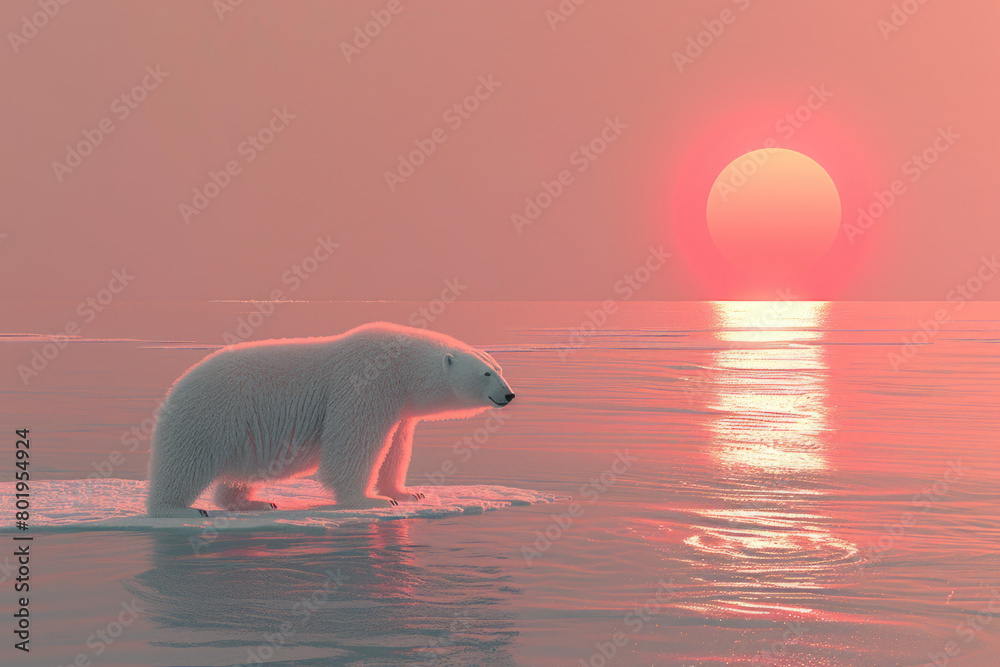 Under the setting sun, a solitary polar bear searches for food on the floating ice in the Arctic region.