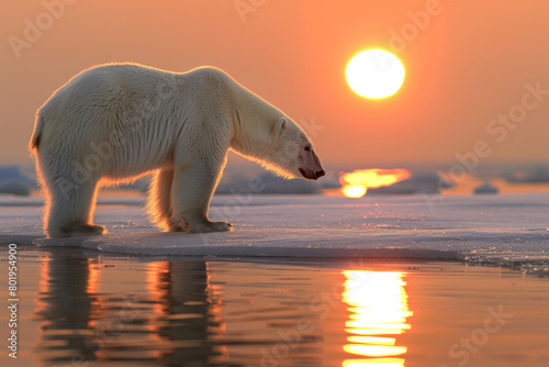 Under the setting sun, a solitary polar bear searches for food on the floating ice in the Arctic region.