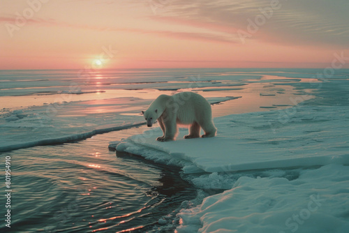 Under the setting sun  a solitary polar bear searches for food on the floating ice in the Arctic region.  