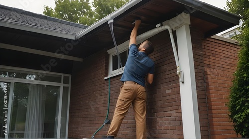 Man washing the soffits and eaves of a modern house  isolated .Generative AI