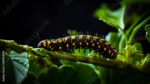Macro view of a caterpillar munching on a leaf, capturing its segmented body and munching action against a dark background © Pakorn