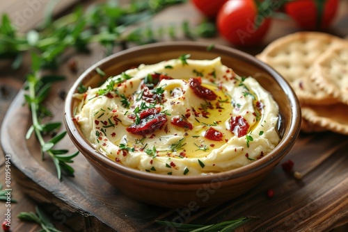Butter with sun dried tomatoes and herbs in a ceramic bowl on a wooden background. Sun dried tomatoes butter for cooking, bruschettas, butter board, crackers, creamy sauce. Trendy food concept photo