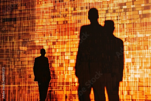 Uplifting scene: Silhouettes of business people composed of vibrant orange matrix code, reminiscent of a motivational movie poster.