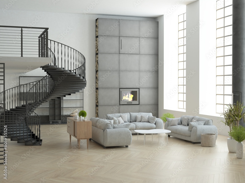 Luksusowy minimalistyczny loft salon apartament z wysokim sufitem ...