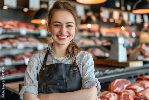 female butcher salesman, woman in a supermarket sales meat and flesh