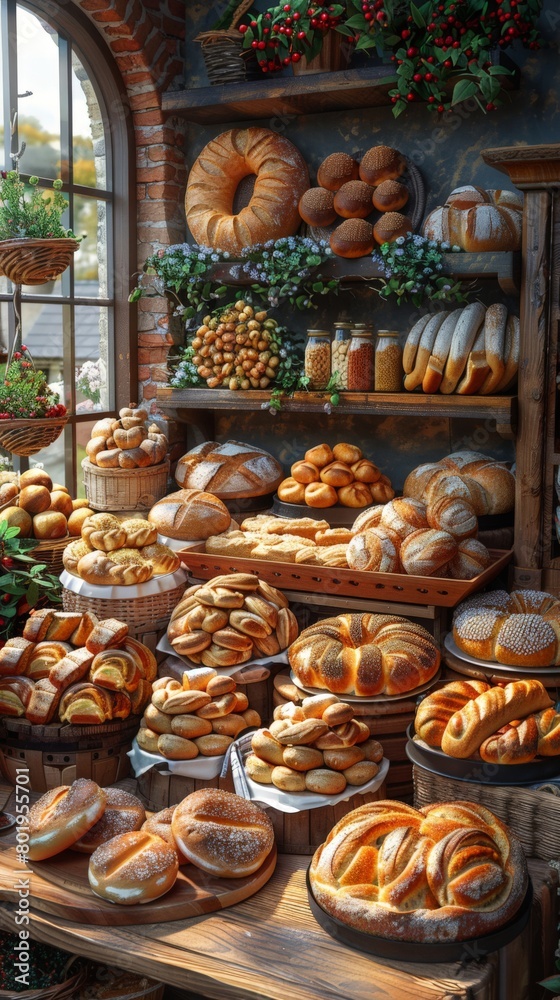 A stack of fresh baked bread in many styles and flavors sit in bread shop
