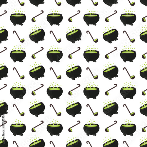 Witchs cauldron with boiling magic potion. Seamless pattern. Vector illustration.