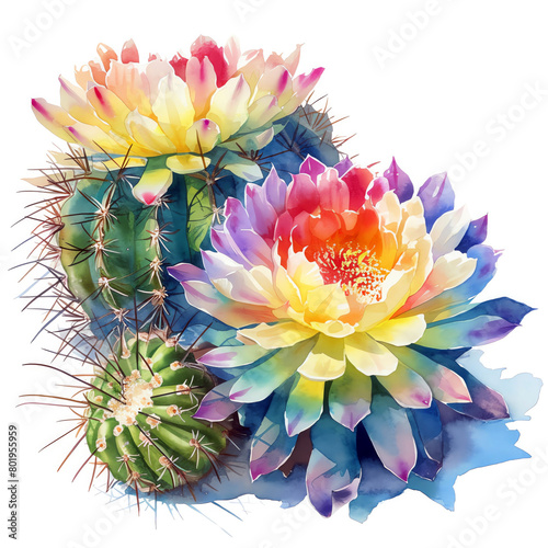 Rainbow Cactus Echinocereus pectinatus, banded with colors, in a vibrant Mexican fiesta, watercolor, isolate. photo