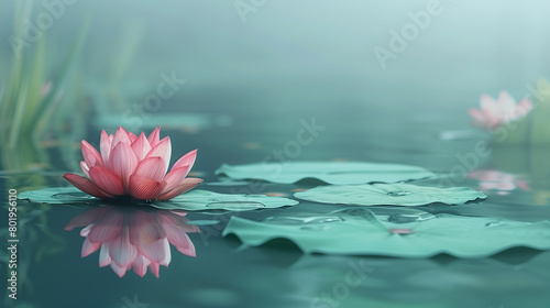 A water scene, pink lotus flower in full bloom on a pond, floating lotus leaves, with a reflection of the lotus flower in the water.
