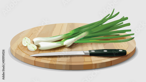 Wooden board with fresh green onion and knife on light 