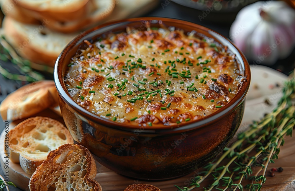 Traditional French onion soup topped with crispy croutons for a comforting, savory experience