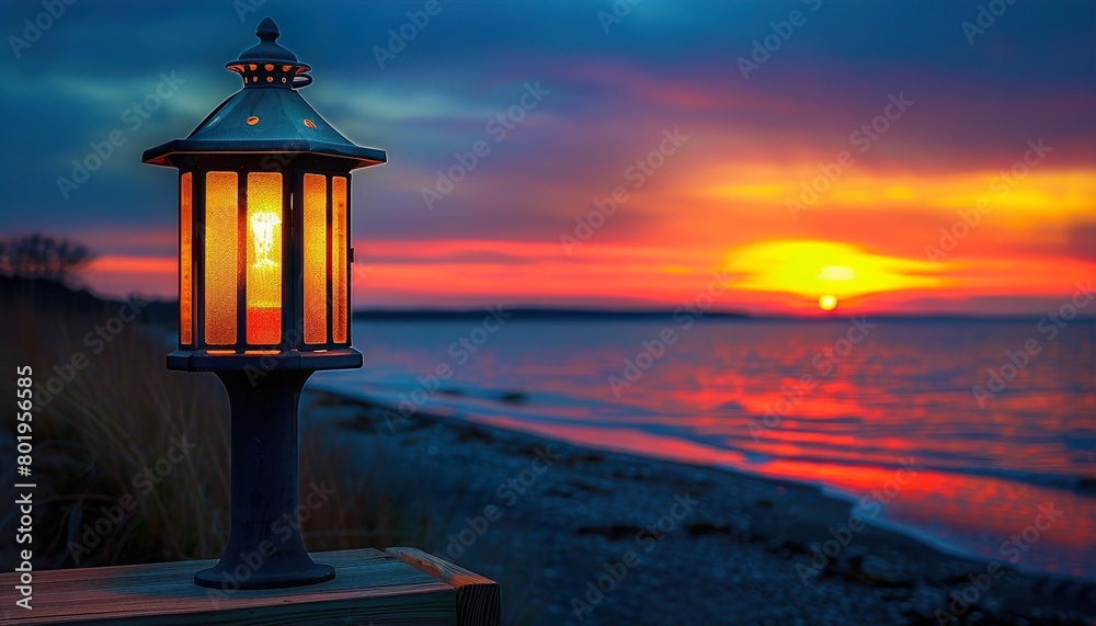 Lantern lamp with beach sunset view Lantern lamp with beach sunset view