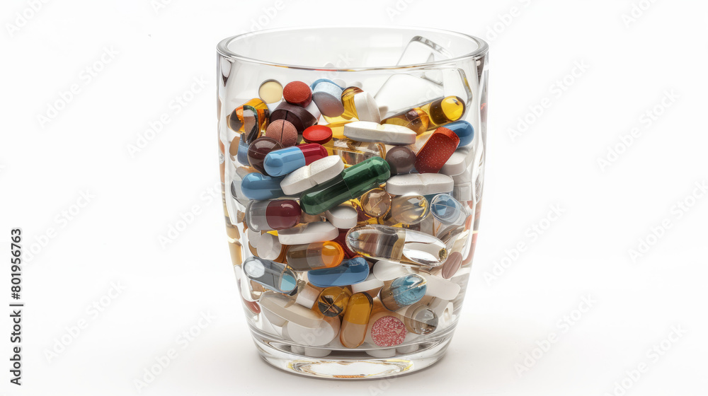A glass is filled with various pills, on a white background, Generative AI A glass is filled with various pills, on a white background, Generative AI