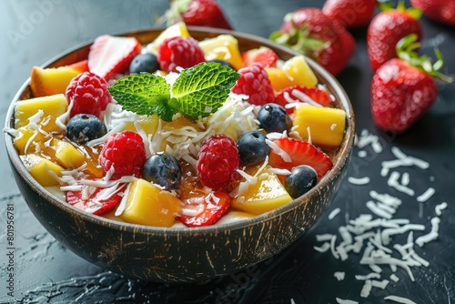 Clay bowl with mixed fruit dessert topped with coconut milk shaved ice and condensed milk With copy space for text.