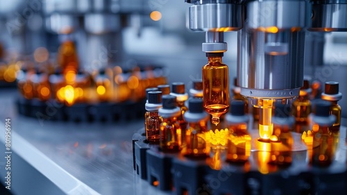 Bottling line of essential oil in bottles. Pharmaceutical industry. Industrial background