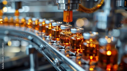 Bottling line of essential oil in bottles. Pharmaceutical industry. Industrial background