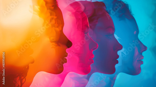 Two silhouettes of a man and a womans faces overlaid with a multicolor spectrum  creating a vibrant and artistic visual
