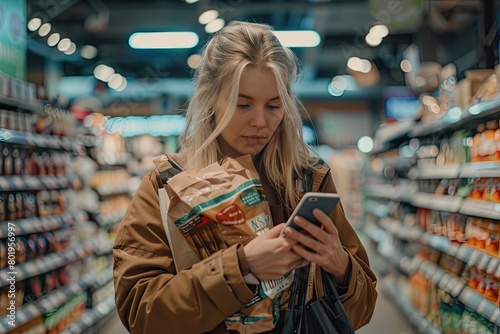 Grocery Store Bustle Blonde Woman with Phone