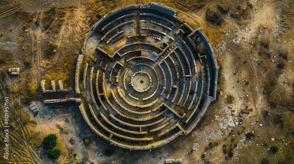 Ancient labyrinth bird's eye view, Generative AI